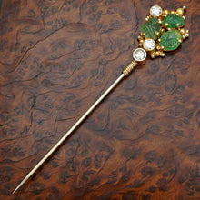 Load image into Gallery viewer, Antique Carved Emerald &amp; Diamond 18K Gold Stick Pin
