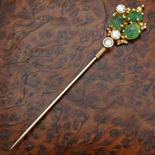 Load image into Gallery viewer, Antique Carved Emerald & Diamond 18K Gold Stick Pin