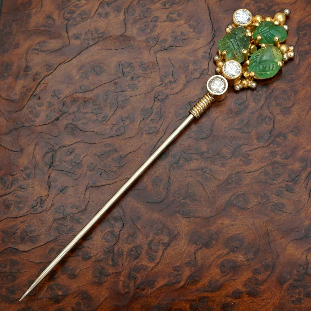 Antique Carved Emerald & Diamond 18K Gold Stick Pin – The