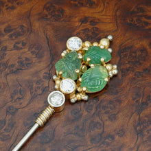 Load image into Gallery viewer, Antique Carved Emerald &amp; Diamond 18K Gold Stick Pin
