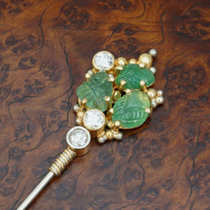 Antique Carved Emerald & Diamond 18K Gold Stick Pin