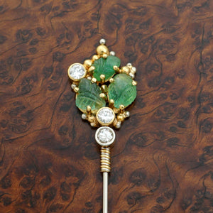 Antique Carved Emerald & Diamond 18K Gold Stick Pin