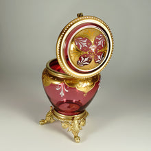 Load image into Gallery viewer, Antique Bohemian Moser Cranberry Glass Raised Gilt Enamel Box Powder Jar