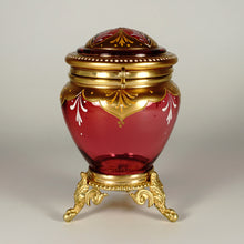 Load image into Gallery viewer, Antique Bohemian Moser Cranberry Glass Raised Gilt Enamel Box Powder Jar