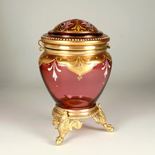 Load image into Gallery viewer, Antique Bohemian Moser Cranberry Glass Raised Gilt Enamel Box Powder Jar