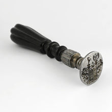 Load image into Gallery viewer, Antique French Wax Seal Desk Stamp, Crowned Armorial Heraldic Coat of Arms Iron & Ebonized Wood Handle