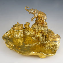 Load image into Gallery viewer, Antique French Silvered & Gilt Bronze Elephant Inkwell & Ink Blotter Animalier Desk Set