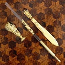 Load image into Gallery viewer, Antique French Empire Dore Bronze & Crystal Desk Set, Wax Seal, Pen, Book Mark, Neoclassical