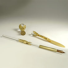 Load image into Gallery viewer, Antique French Empire Dore Bronze &amp; Crystal Desk Set, Wax Seal, Pen, Book Mark, Neoclassical
