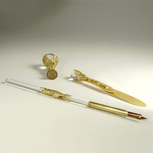 Load image into Gallery viewer, Antique French Empire Dore Bronze & Crystal Desk Set, Wax Seal, Pen, Book Mark, Neoclassical
