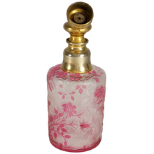 Load image into Gallery viewer, Antique Baccarat Glass Eglantier Pattern Atomizer Perfume Bottle Art Nouveau Acid Etched Cameo Glass Cranberry Pink Overlay Flowers