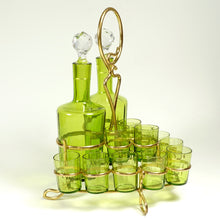 Load image into Gallery viewer, Antique French Baccarat Crystal Green Chartreuse Liquor Service Tantalus Whiskey Set, Bronze Caddy