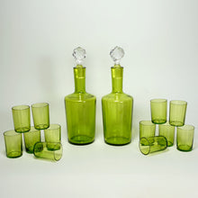 Load image into Gallery viewer, Antique French Baccarat Crystal Green Chartreuse Liquor Service Tantalus Whiskey Set, Bronze Caddy