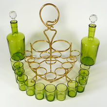Load image into Gallery viewer, Antique French Baccarat Crystal Green Chartreuse Liquor Service Tantalus Whiskey Set, Bronze Caddy