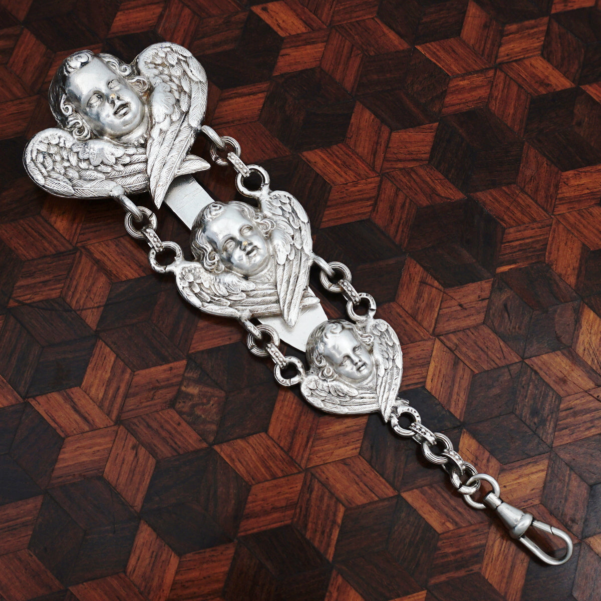 Angel Chatelaine Pin Black Leather Purse Ornate Metal Chain Cherub Belt Clip french_silver_angel_cherub_cha  main image 2
