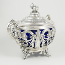 Load image into Gallery viewer, Antique French Sterling Silver Sugar Bowl, Cobalt Blue Glass, Ornate Reticulated