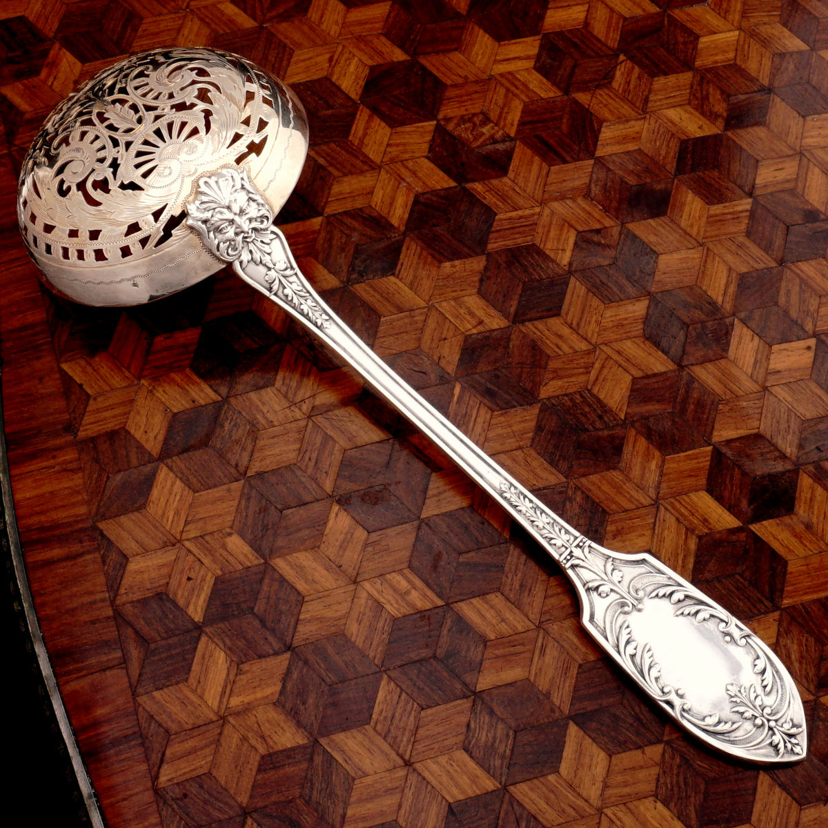 Antique French Sterling Silver Sugar Sifter Spoon, Mascaron Satyr