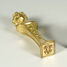 Load image into Gallery viewer, Antique French Wax Seal Desk Stamp Signed Dore Bronze Child or Putti, Marble Display Stand Holder
