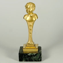 Load image into Gallery viewer, Antique French Wax Seal Desk Stamp Signed Dore Bronze Child or Putti, Marble Display Stand Holder