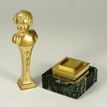 Load image into Gallery viewer, Antique French Wax Seal Desk Stamp Signed Dore Bronze Child or Putti, Marble Display Stand Holder