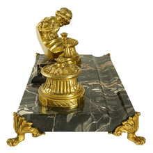 Load image into Gallery viewer, French Gilt Bronze Nero Portoro Marble Inkwell, Lovers Sculpture, Desk Ink Stand