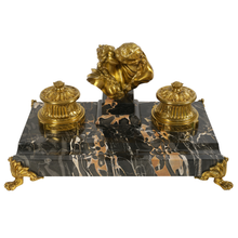 Load image into Gallery viewer, French Gilt Bronze Nero Portoro Marble Inkwell, Lovers Sculpture, Desk Ink Stand