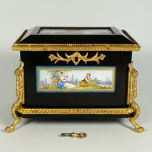 Load image into Gallery viewer, Antique French Wood Jewelry Box Hand Painted Porcelain Plaques Gilt Bronze Mounts