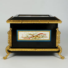 Load image into Gallery viewer, Antique French Wood Jewelry Box Hand Painted Porcelain Plaques Gilt Bronze Mounts