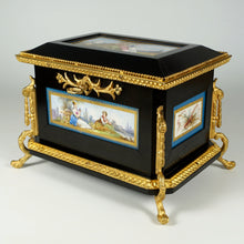 Load image into Gallery viewer, Antique French Wood Jewelry Box Hand Painted Porcelain Plaques Gilt Bronze Mounts