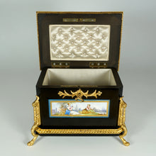 Load image into Gallery viewer, Antique French Wood Jewelry Box Hand Painted Porcelain Plaques Gilt Bronze Mounts