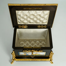 Load image into Gallery viewer, Antique French Wood Jewelry Box Hand Painted Porcelain Plaques Gilt Bronze Mounts