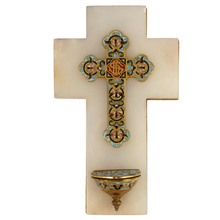 Load image into Gallery viewer, Antique French Champleve Enamel Bronze & White Onyx Holy Water Font