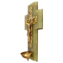 Load image into Gallery viewer, Antique French Bronze & Green Onyx Crucifix Holy Water Font
