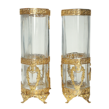 Load image into Gallery viewer, Pair Antique French Glass & Gilt Ormolu Vases Empire Neoclassical Style