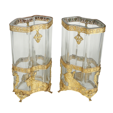 Load image into Gallery viewer, Pair Antique French Glass & Gilt Ormolu Vases Empire Neoclassical Style