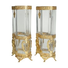 Load image into Gallery viewer, Pair Antique French Glass & Gilt Ormolu Vases Empire Neoclassical Style