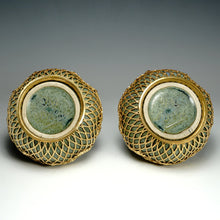 Load image into Gallery viewer, Pair Denbac French Art Nouveau Pottery Blue Crystalline Glaze Vases Gilt Bronze Mounts