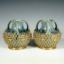 Load image into Gallery viewer, Pair Denbac French Art Nouveau Pottery Blue Crystalline Glaze Vases Gilt Bronze Mounts