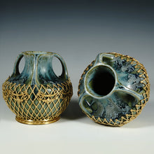 Load image into Gallery viewer, Pair Denbac French Art Nouveau Pottery Blue Crystalline Glaze Vases Gilt Bronze Mounts