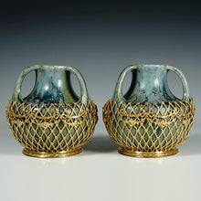 Load image into Gallery viewer, Pair Denbac French Art Nouveau Pottery Blue Crystalline Glaze Vases Gilt Bronze Mounts