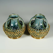 Load image into Gallery viewer, Pair Denbac French Art Nouveau Pottery Blue Crystalline Glaze Vases Gilt Bronze Mounts