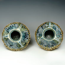 Load image into Gallery viewer, Pair Denbac French Art Nouveau Pottery Blue Crystalline Glaze Vases Gilt Bronze Mounts