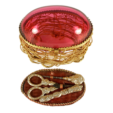 Load image into Gallery viewer, Antique French Palais Royal Cranberry Glass Egg Box Sewing Etui Necessaire