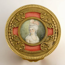 Load image into Gallery viewer, Antique French Miniature Portrait Box Pink Enamel Gilt Bronze Ormolu Glass Powder Jar