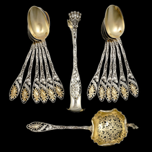 Load image into Gallery viewer, Art Nouveau French Sterling Silver Tea Spoons Set, Sugar Tongs, Strainer, Thistle, Poppies