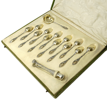 Load image into Gallery viewer, Art Nouveau French Sterling Silver Tea Spoons Set, Sugar Tongs, Strainer, Thistle, Poppies