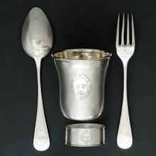 Load image into Gallery viewer, Antique French Sterling Silver 4pc Flatware, Tumbler Cup, Napkin Ring, Boxed Gift Set