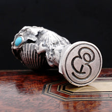 Load image into Gallery viewer, French Silver Wax Seal Stamp, Turquoise Cabochons, Art Nouveau Sea Shell Motif