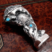 Load image into Gallery viewer, French Silver Wax Seal Stamp, Turquoise Cabochons, Art Nouveau Sea Shell Motif