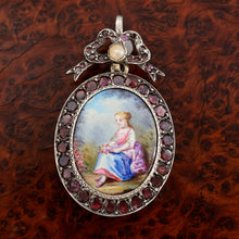 Load image into Gallery viewer, Victorian Enamel Miniature Portrait French Silver Locket Pendant Garnets, Pearl